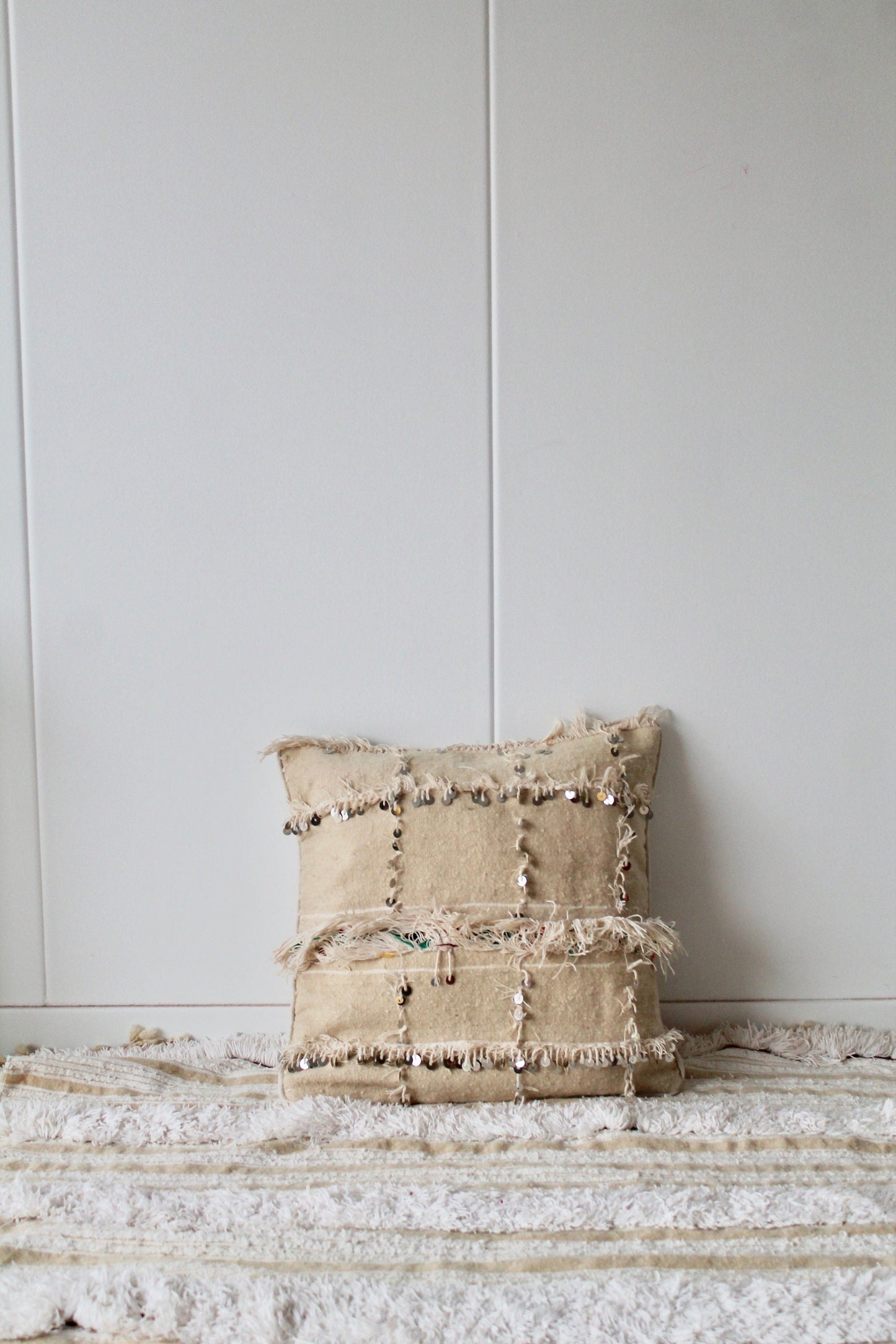 White Moroccan Handira Cushion with sequins