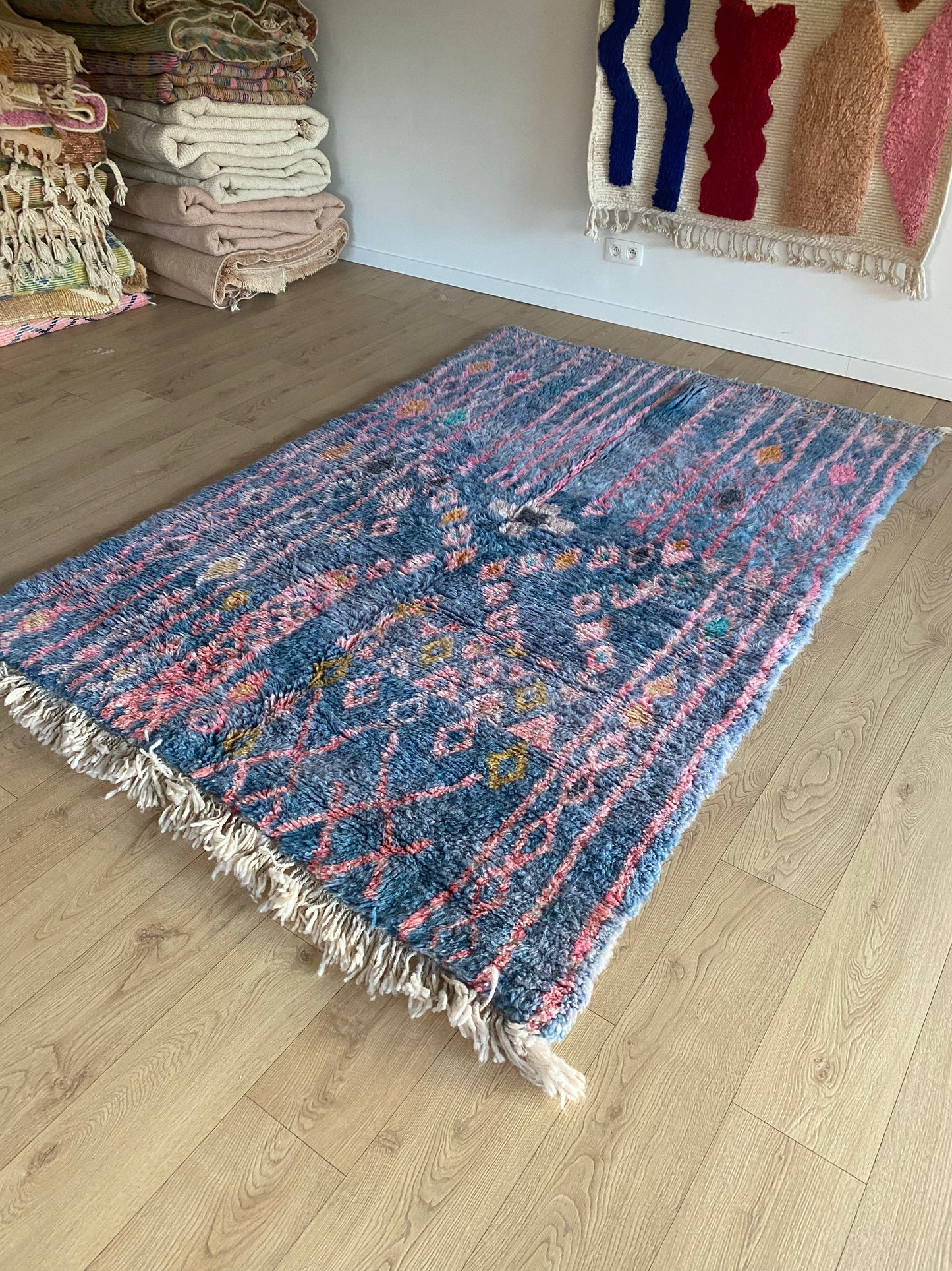 Beni Ouarain Moroccan Colorful Rug (1047) 242x162cm - Soft blue