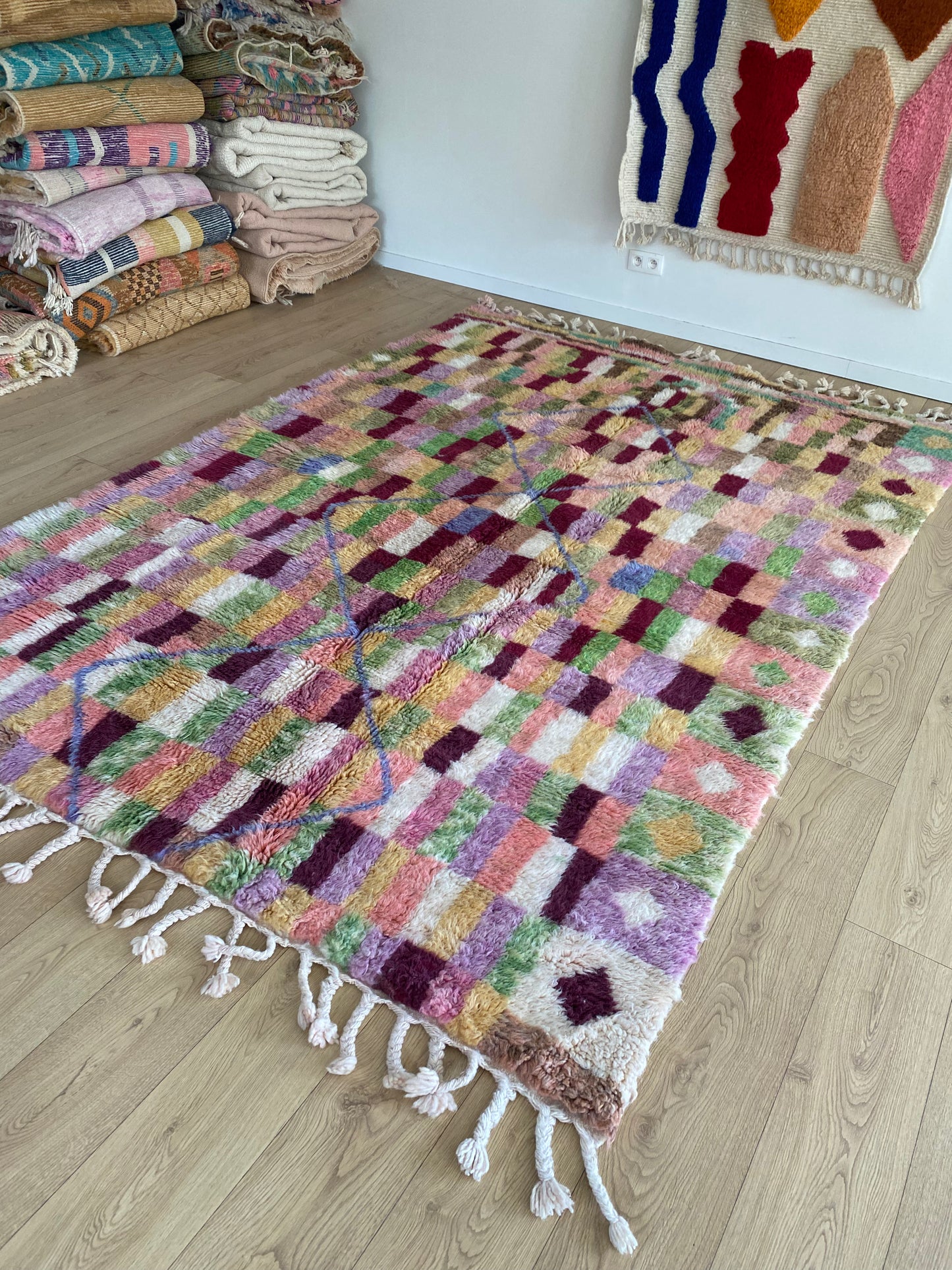 Beni Ouarain Moroccan Colorful Rug (1059) 303x202cm - Spilled Red Wine