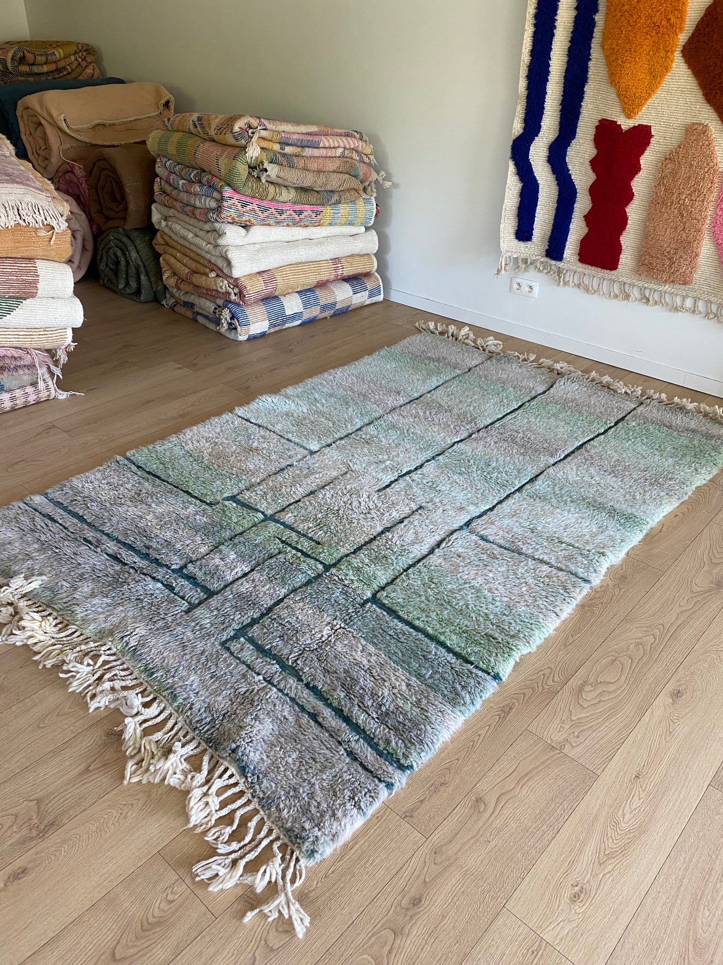 Beni Ouarain Moroccan Colorful Rug (1103) 247x167cm - Pastel Green