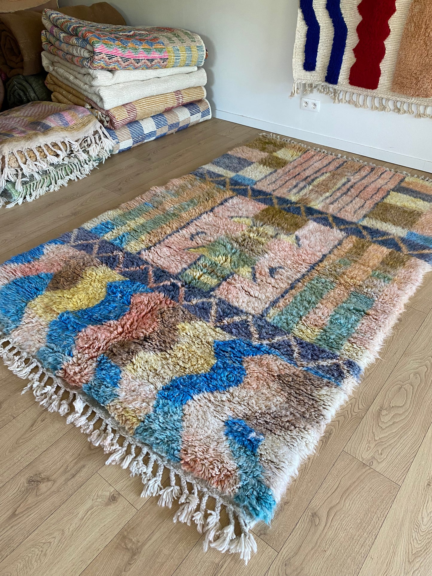 Beni Ouarain Moroccan Colorful Rug (1101) 247x165cm - Pastel Blue