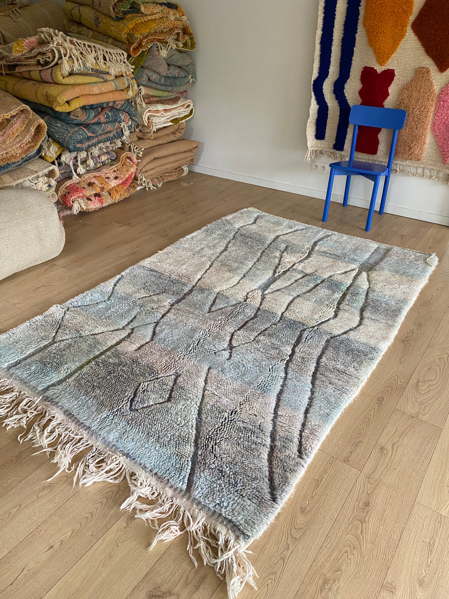 Beni Ouarain Moroccan Colorful Rug (1154) 245x163cm - Sky Blue