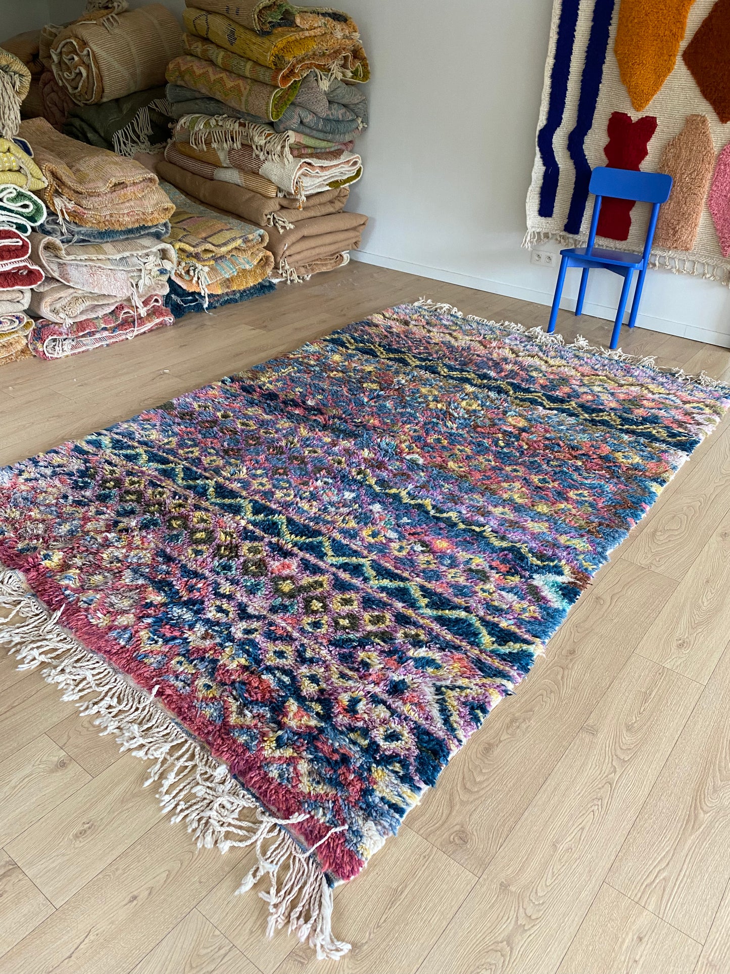 Beni Ouarain Moroccan Colorful Rug (1192) 295x190cm - Blue Flower Fields
