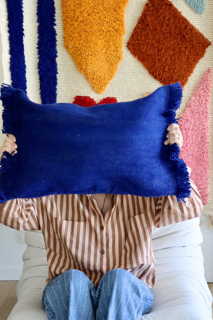 Marokkaans wollen kussen met kwastjes - Blauw/roze/oranje/geel/terracotta