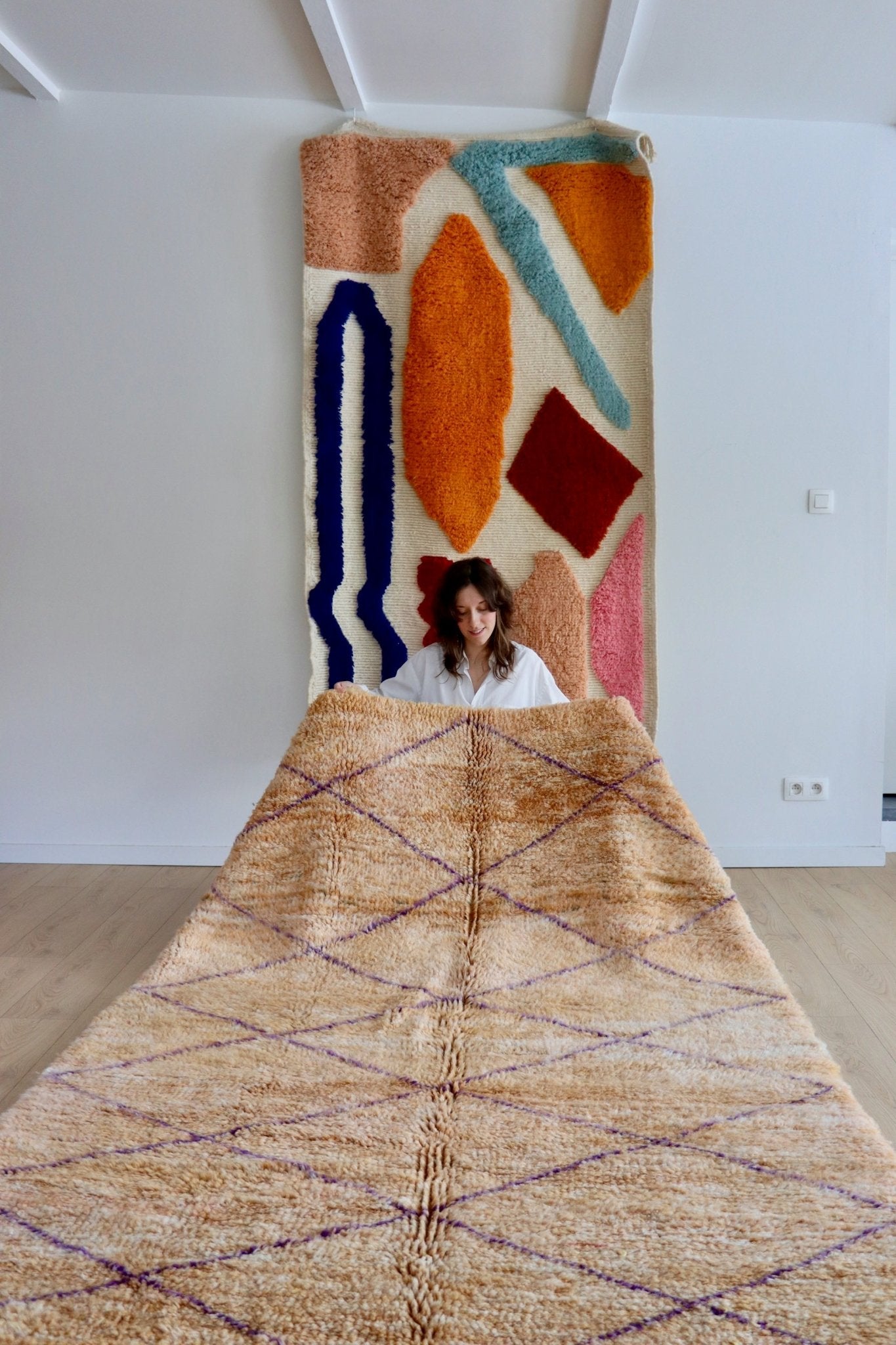 Beni Ouarain Moroccan Colorful Rug (1045) 255x170cm - Oatmeal - Tree of Colors