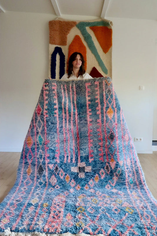 Beni Ouarain Moroccan Colorful Rug (1047) 242x162cm - Soft blue - Tree of Colors