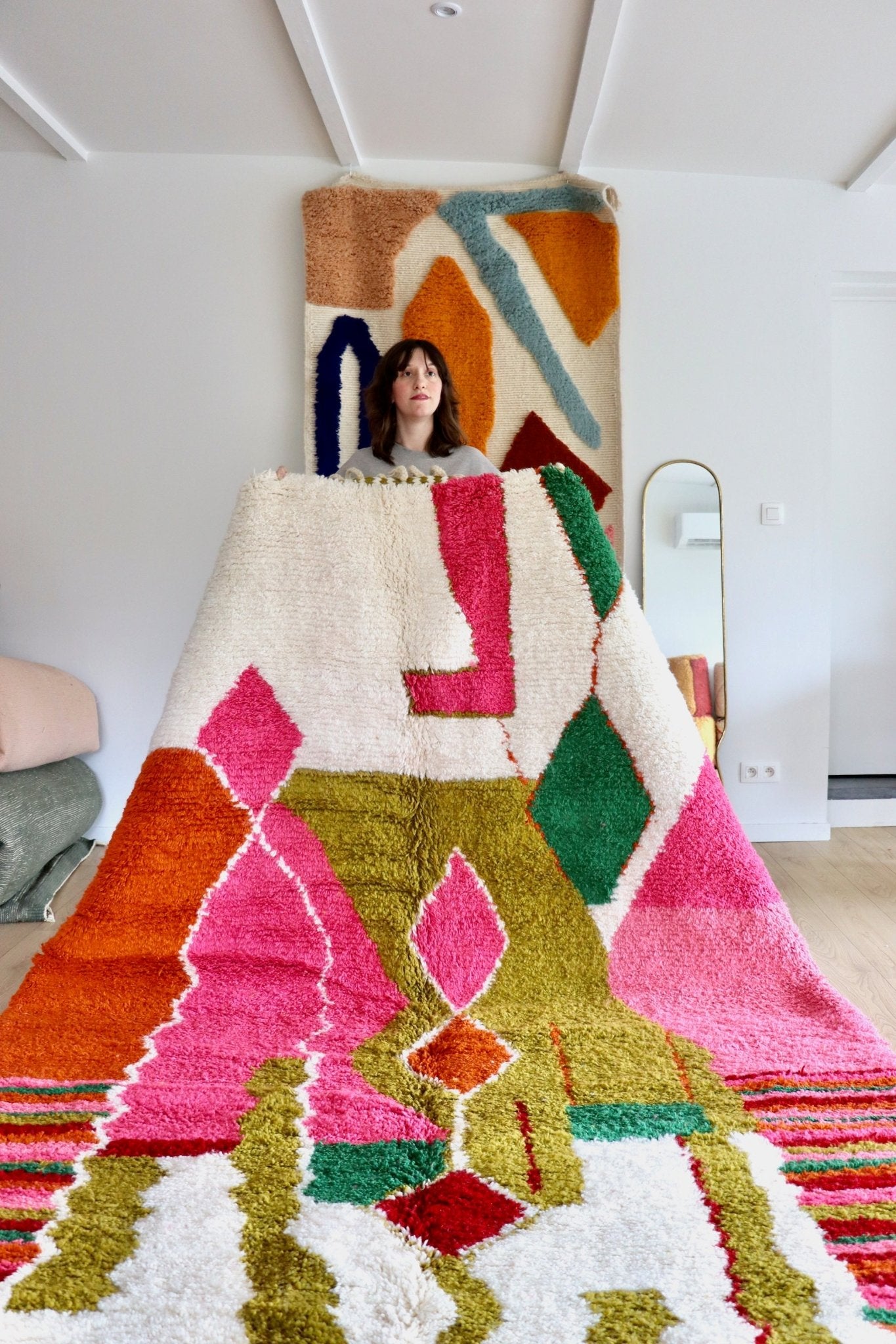 Beni Ouarain Moroccan Colorful Rug (1088) 300x206cm - Olive Green - Tree of Colors