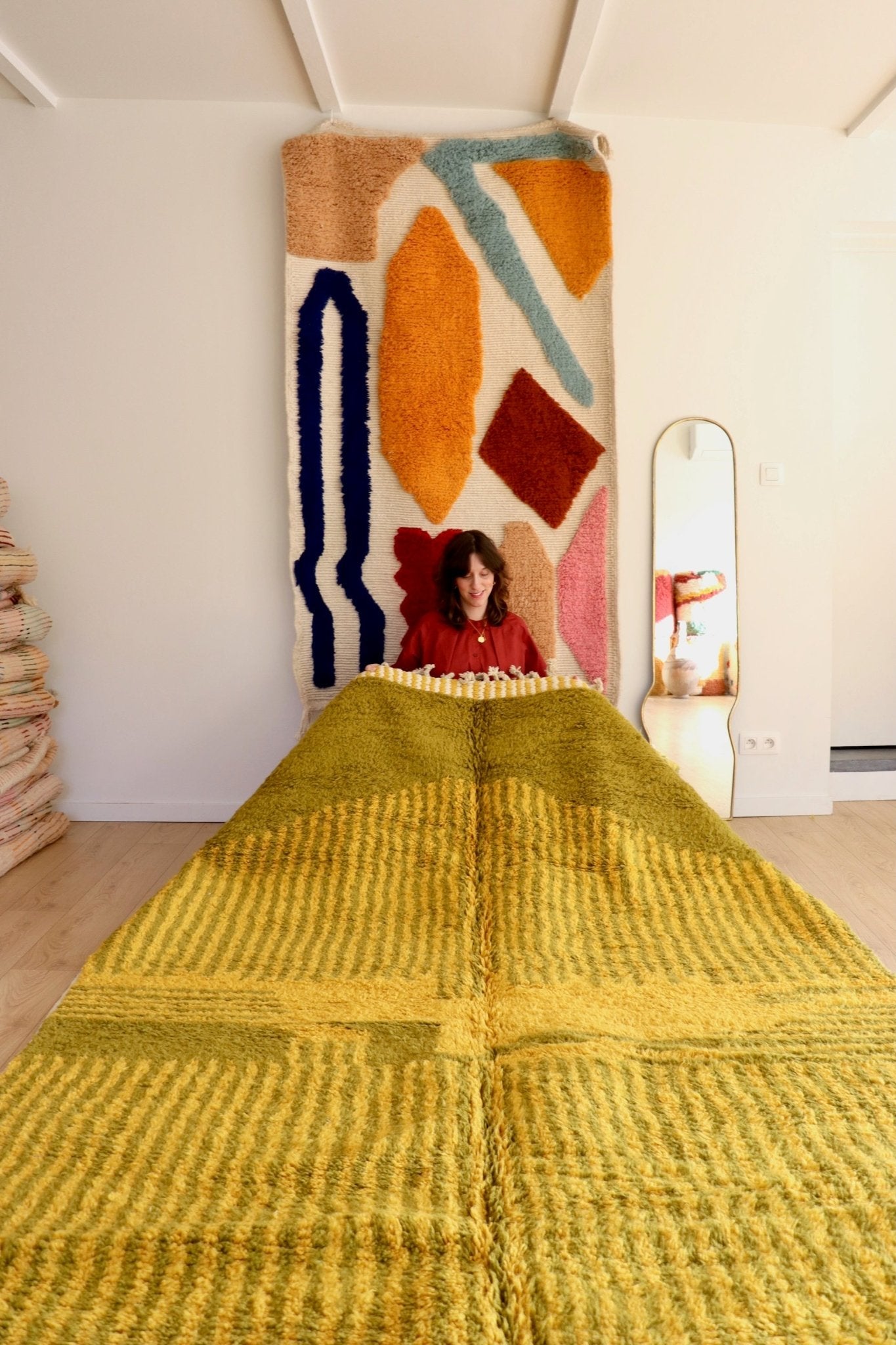 Beni Ouarain Moroccan Colorful Rug (1128) 298x204cm - Olive Oil - Tree of Colors