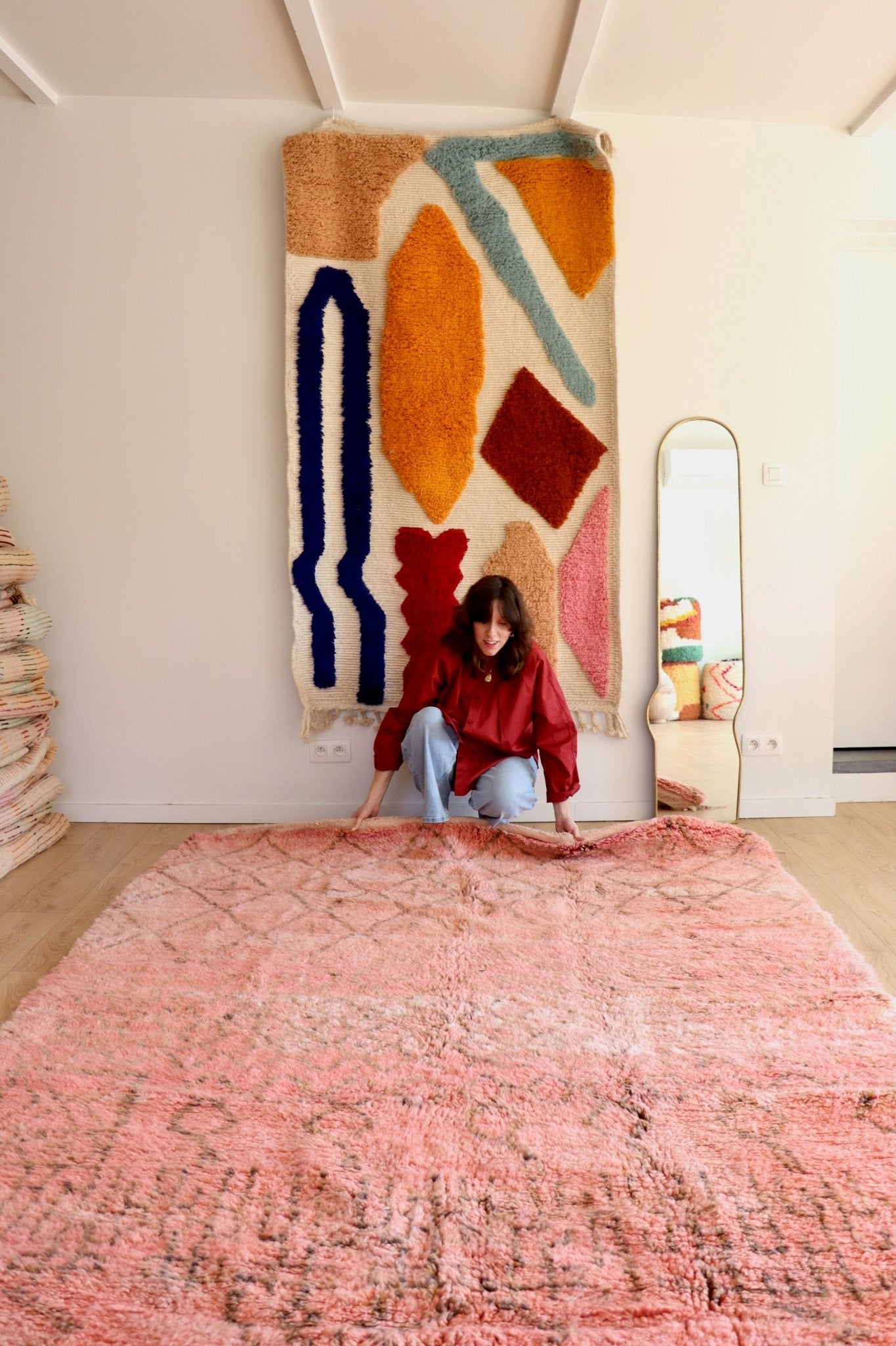 Beni Ouarain Moroccan Colorful Rug (1146) 296x203cm - Latte - Tree of Colors