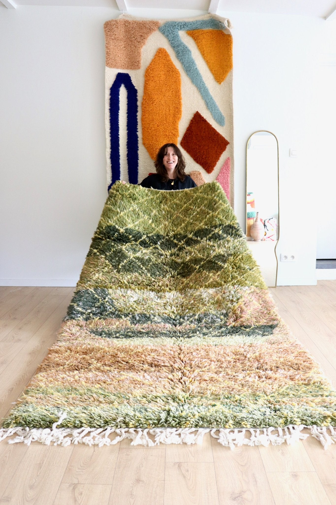 Beni Ouarain Moroccan Colorful Rug (1161) 244x159cm - Moss - Tree of Colors