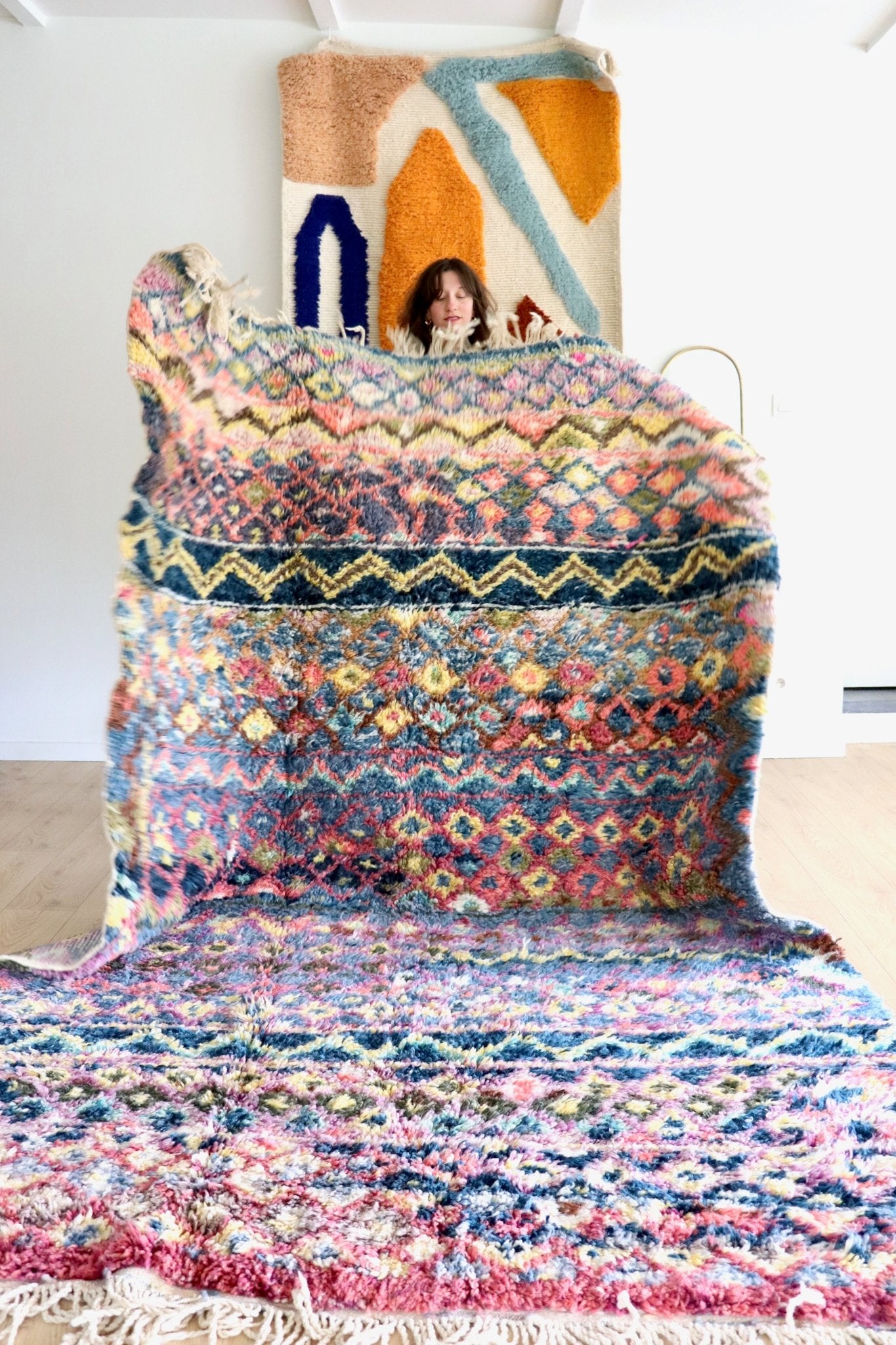 Beni Ouarain Moroccan Colorful Rug (1192) 295x190cm - Blue Flower Fields - Tree of Colors