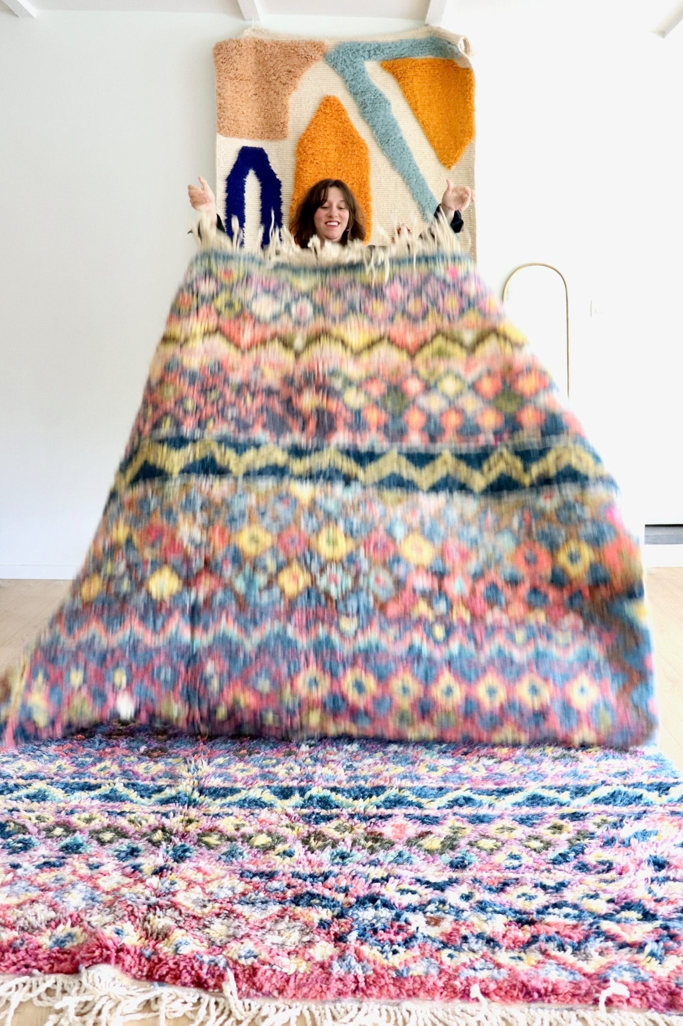Beni Ouarain Moroccan Colorful Rug (1192) 295x190cm - Blue Flower Fields - Tree of Colors