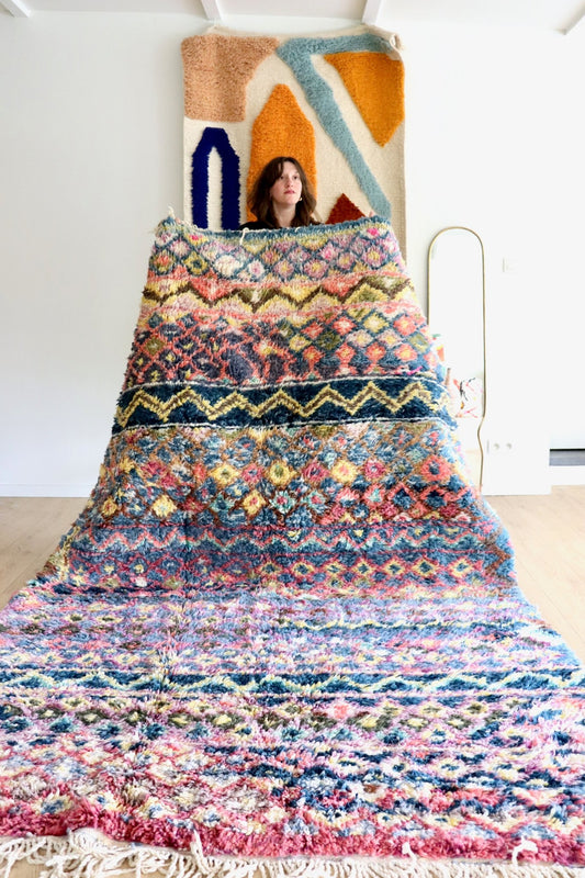 Beni Ouarain Moroccan Colorful Rug (1192) 295x190cm - Blue Flower Fields - Tree of Colors