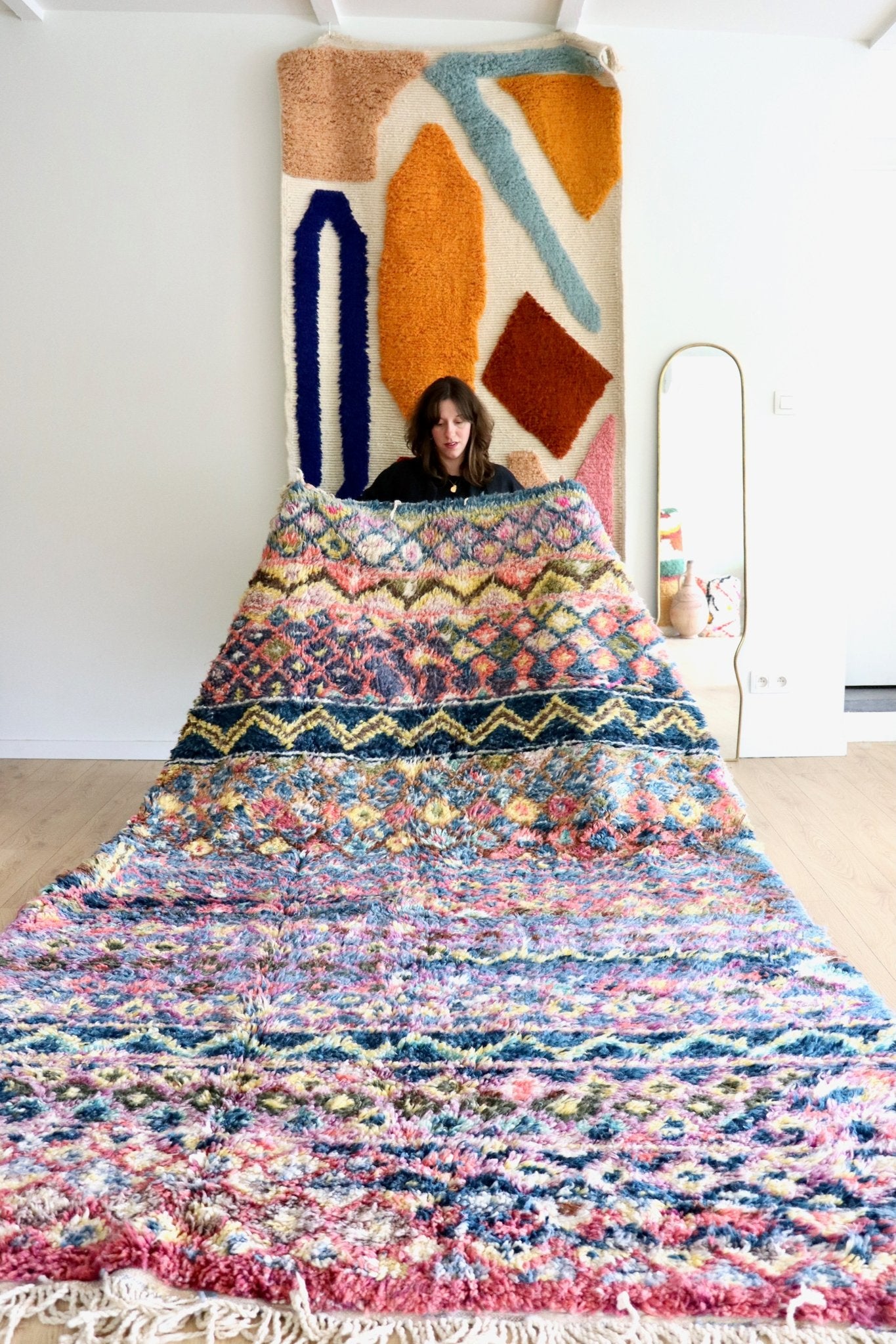 Beni Ouarain Moroccan Colorful Rug (1192) 295x190cm - Blue Flower Fields - Tree of Colors