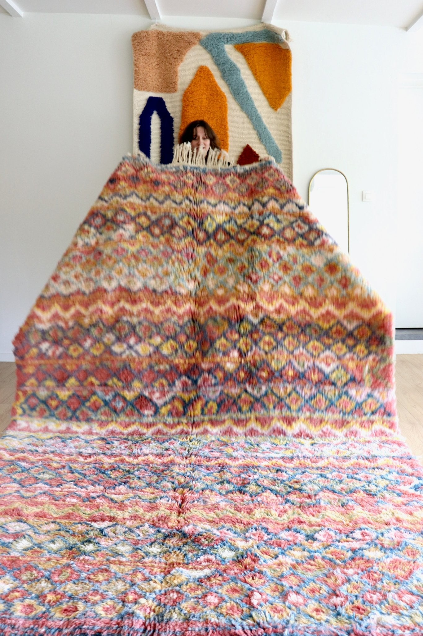 Beni Ouarain Moroccan Colorful Rug (1207) 296x202cm - Pink Flower Fields - Tree of Colors