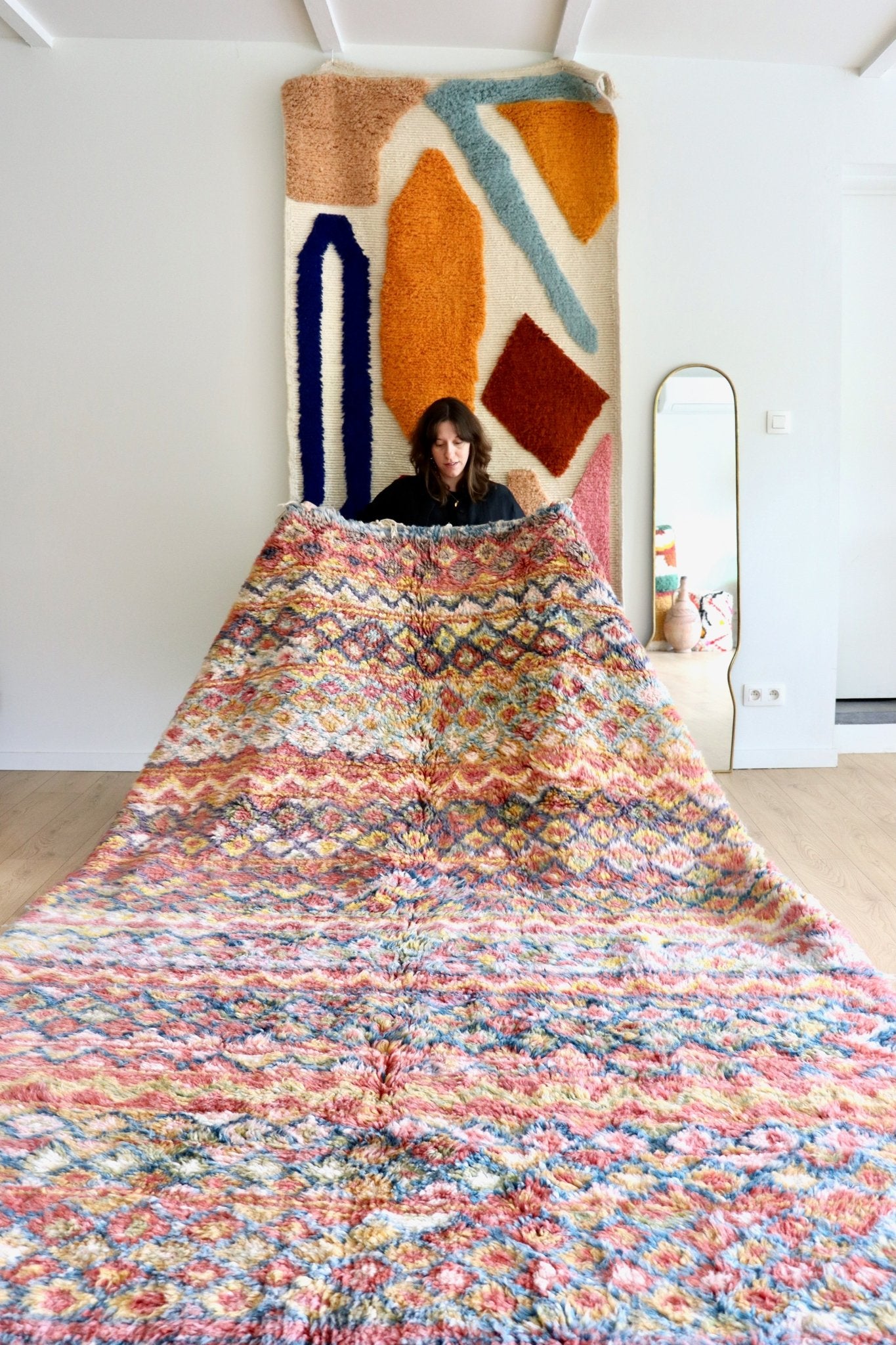 Beni Ouarain Moroccan Colorful Rug (1207) 296x202cm - Pink Flower Fields - Tree of Colors