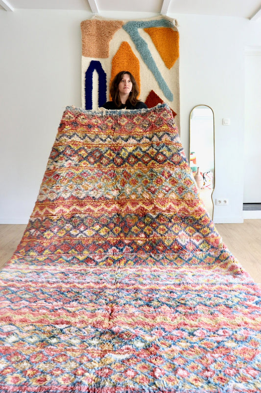 Beni Ouarain Moroccan Colorful Rug (1207) 296x202cm - Pink Flower Fields - Tree of Colors
