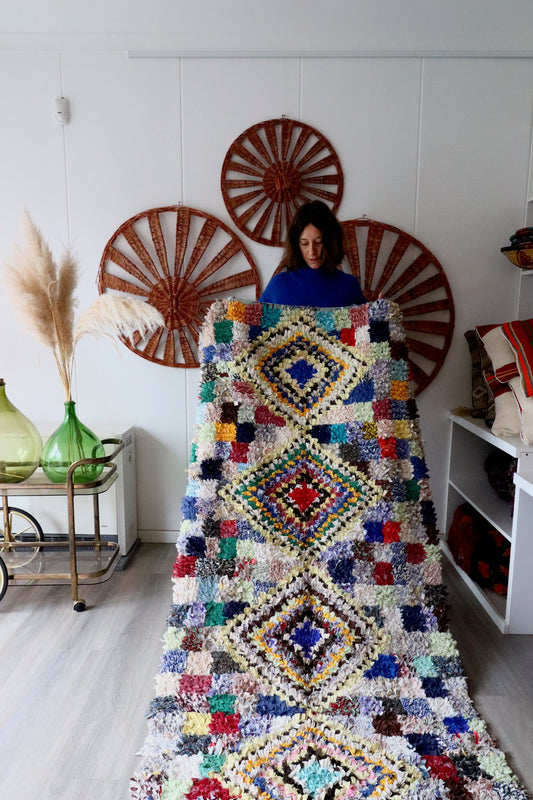 Boucherouite Moroccan Rug (242), Colorful handmade cotton rug 255x103cm