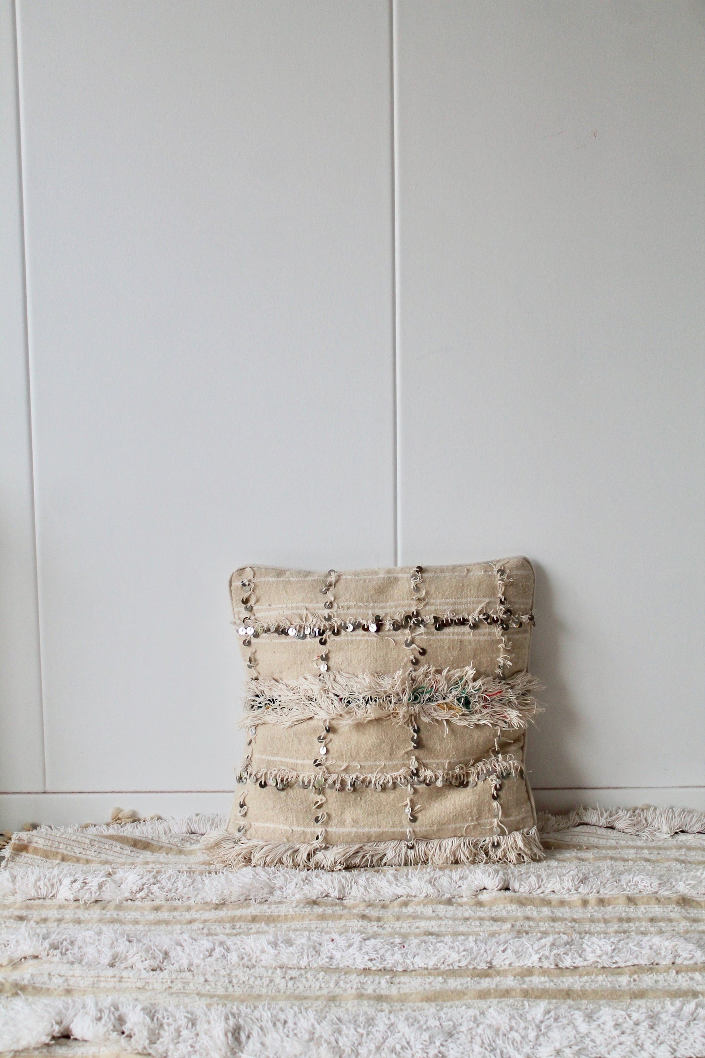 White Moroccan Handira Cushion with sequins