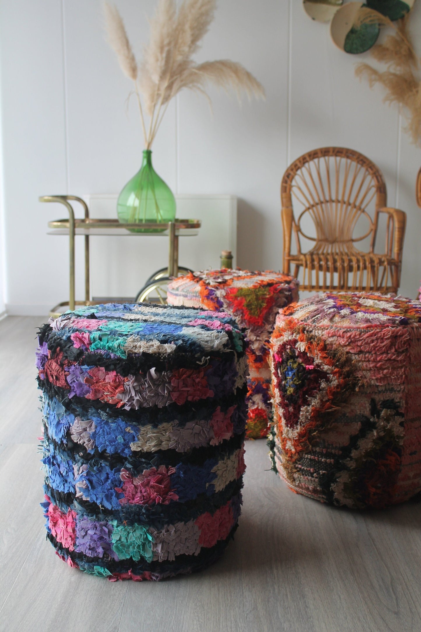 Wood and coton berber pouf (1), Blue, Turquoise and Pink pouf