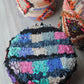 Wood and coton berber pouf (1), Blue, Turquoise and Pink pouf