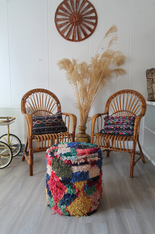 Berber Cotton Pouf (14), Rainbow pouf with wooden structure