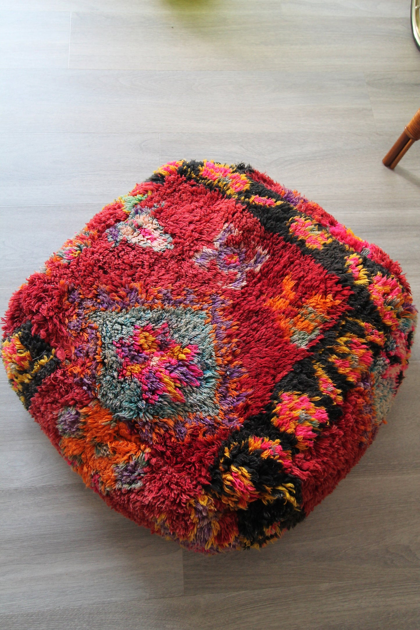 Red Wool Berber Pouf, Handmade Wool Stool/Pouf