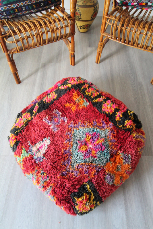 Red Wool Berber Pouf, Handmade Wool Stool/Pouf